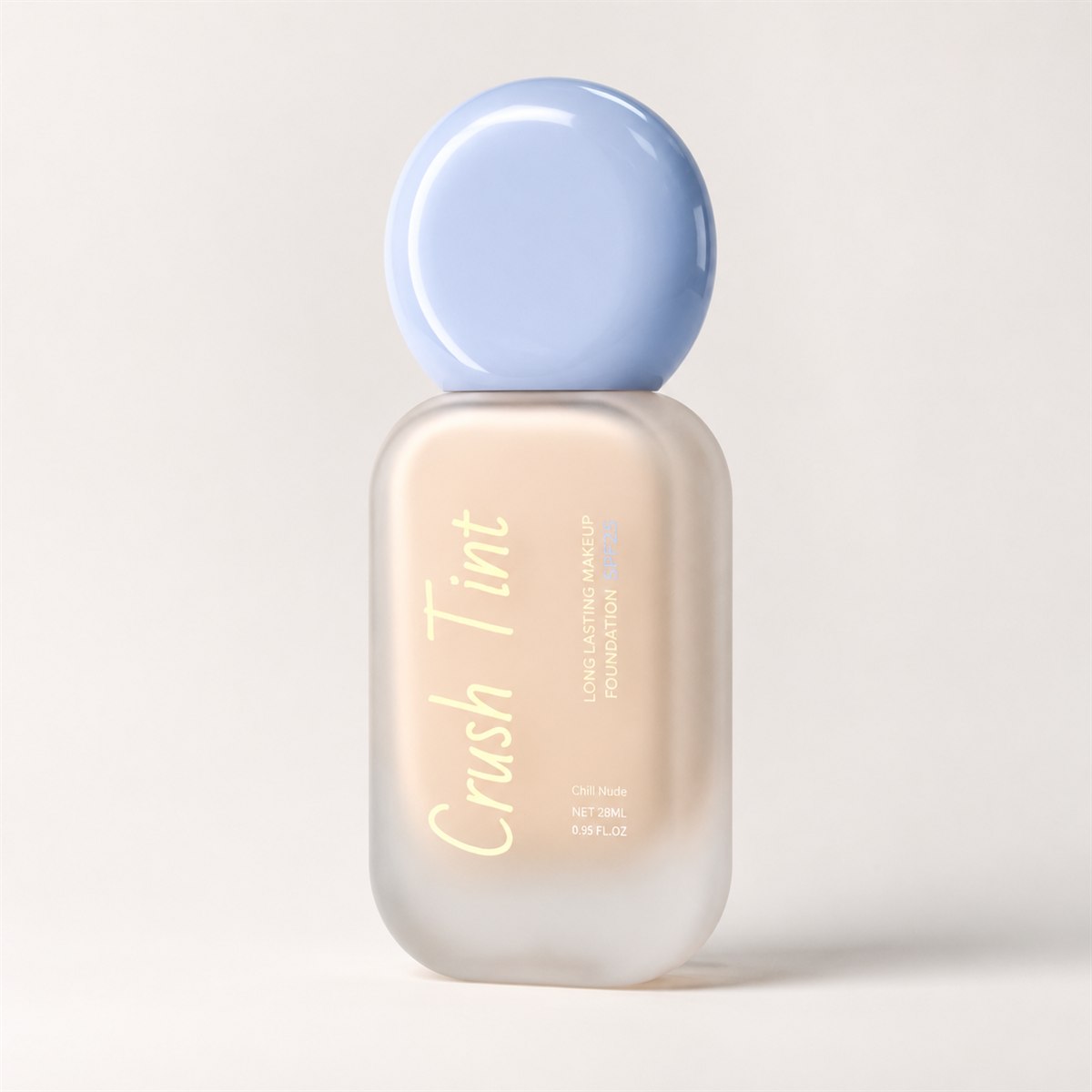 Crush Tint foundation bottle, front view, frosted glass with a pale blue sphere cap